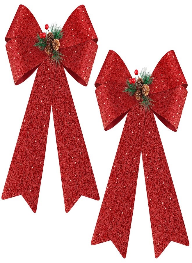 MCEAST 2 Pack Red Christmas Bows 12 x 18 Inches Xmas Wreaths Garland Bows with Pinecones for Christmas Tree Ornaments Sets Indoor Outdor Decoration - Image 1